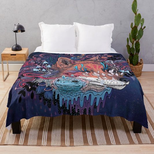 Kitsune plush blanket with psychedelic, celestial design