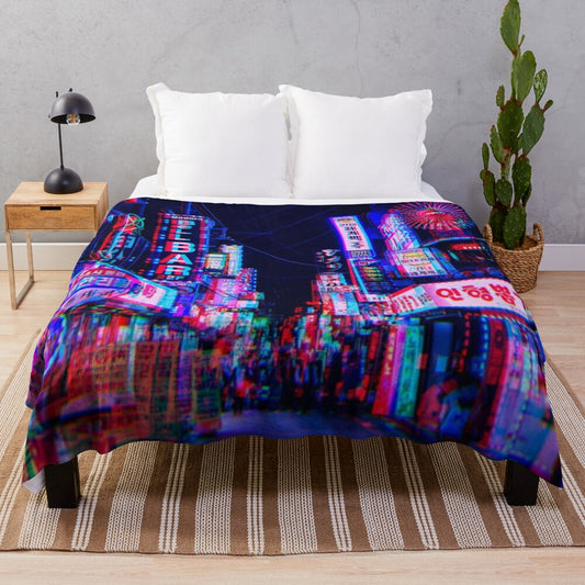 Psychedelic plush blanket with urban cityscape and neon lights design