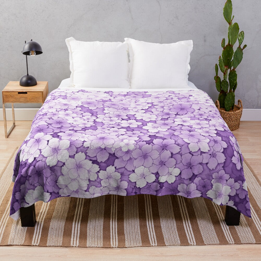 Lavender sakura blossom plush blanket with falling petals