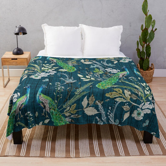 Soft, plush teal blanket with a beautiful peacock and floral chinoiserie pattern