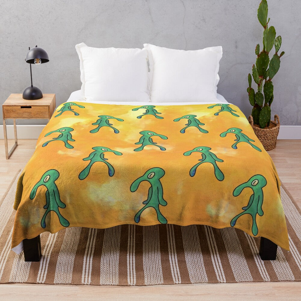 "Bold and Brash" inspired plush blanket featuring Squidward and other Spongebob characters