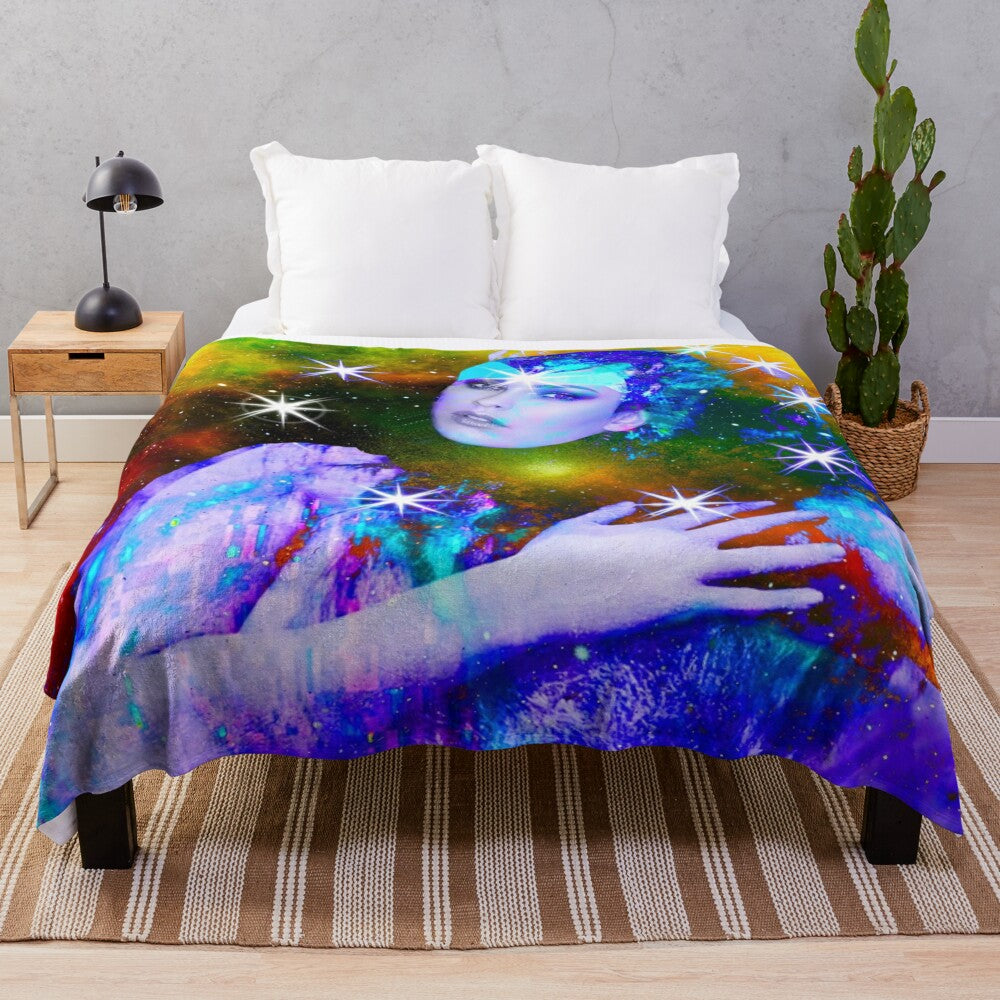 Blue fairy plush blanket with abstract nature-inspired patterns