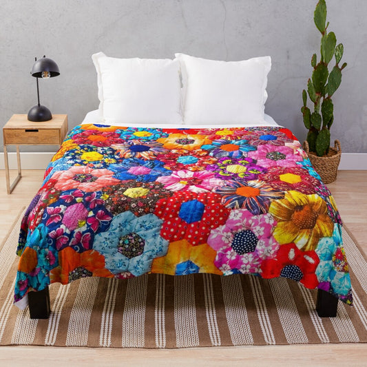 Patchwork plush blanket in colorful pattern