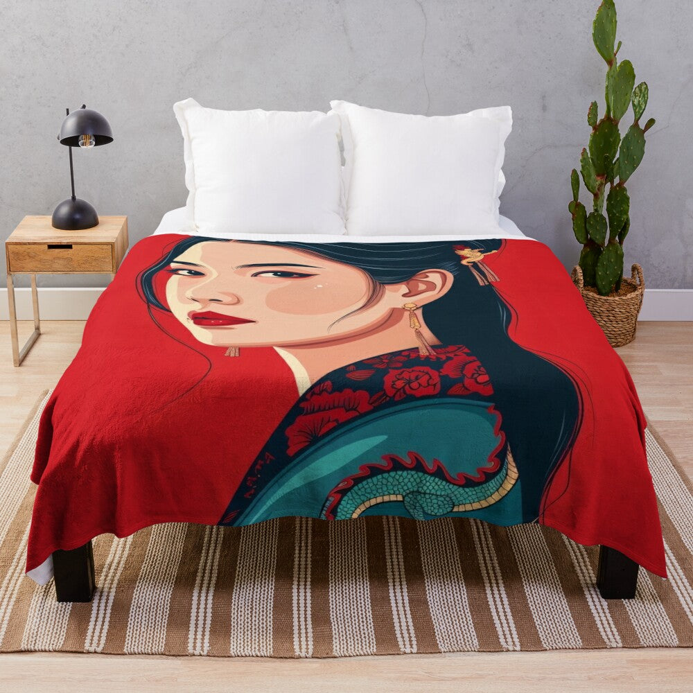 Stylized dragon portrait on a cozy plush blanket