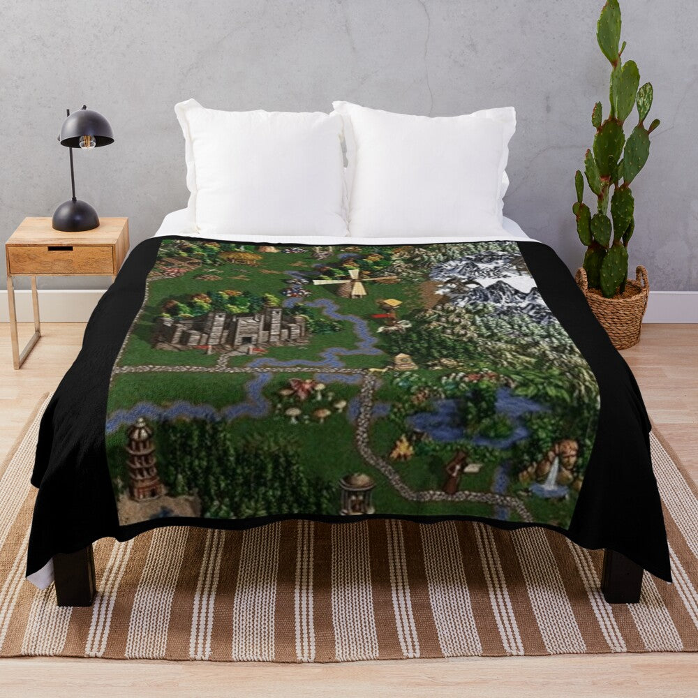 Plush blanket with fantasy-inspired colorful design featuring animals, flowers, and magical elements