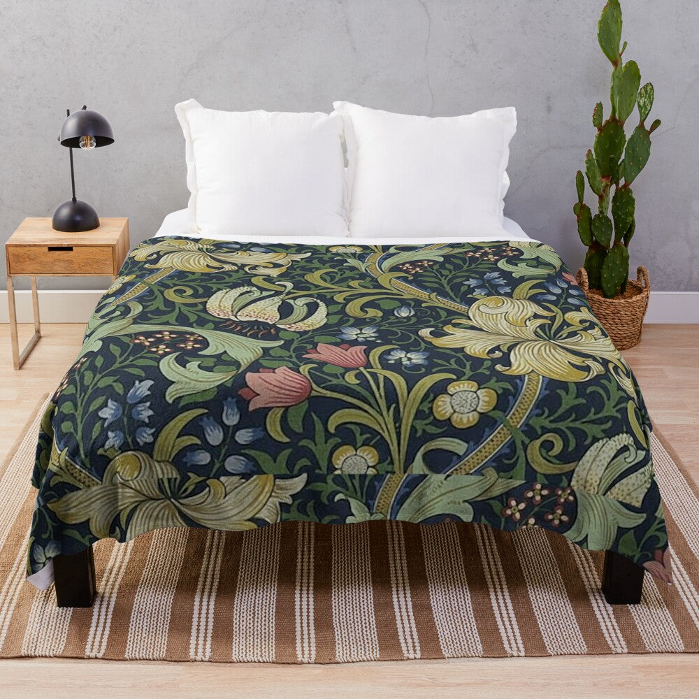 Plush blanket featuring the iconic golden lily floral pattern designed by British artist William Morris