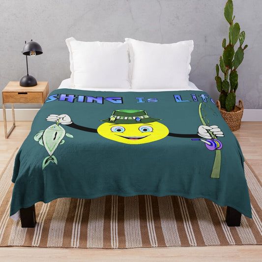 Fishing-themed plush blanket with fish and "Fishing Is Life" text