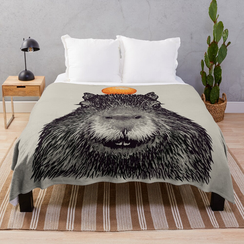 Capybara portrait plush blanket with orange yuzu on head