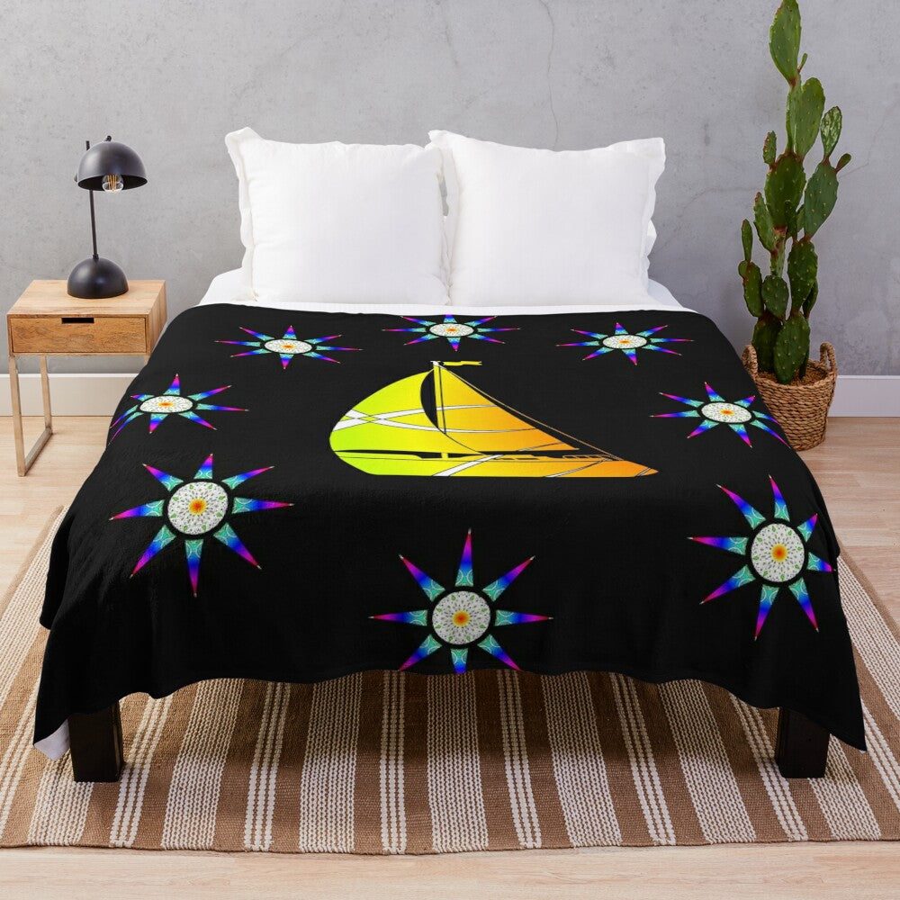 Colorful sailing-themed plush blanket with abstract patterns and floral designs