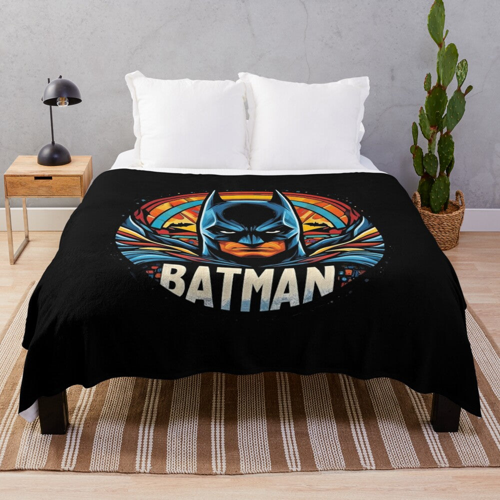 Colorful Batman-themed plush blanket with pop art design