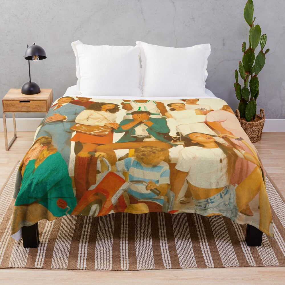 Colorful plush blanket featuring graphics and imagery inspired by the Glass Animals album "How to Be a Human Being"