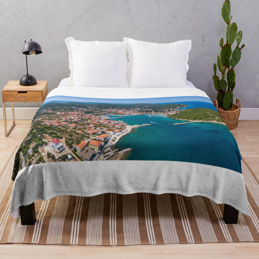 Plush blanket showcasing the picturesque seaside town of Kukljica on the Croatian island of Ugljan