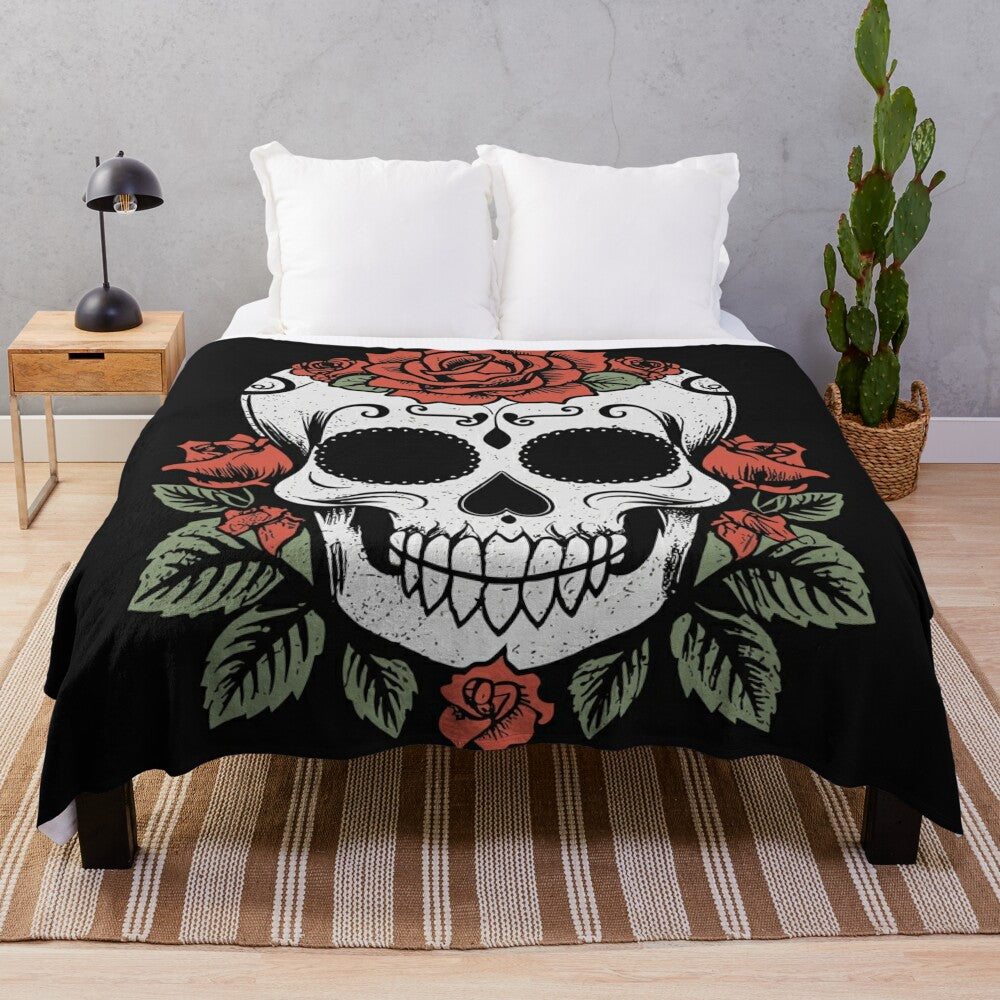 Soft and cozy plush blanket featuring an artistic sugar skull design with roses