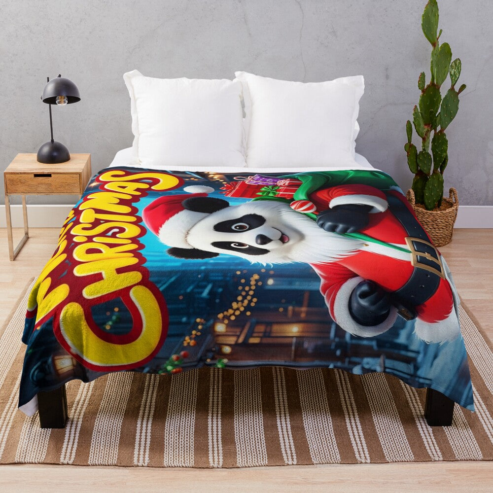 Panda plush blanket with Santa Claus design