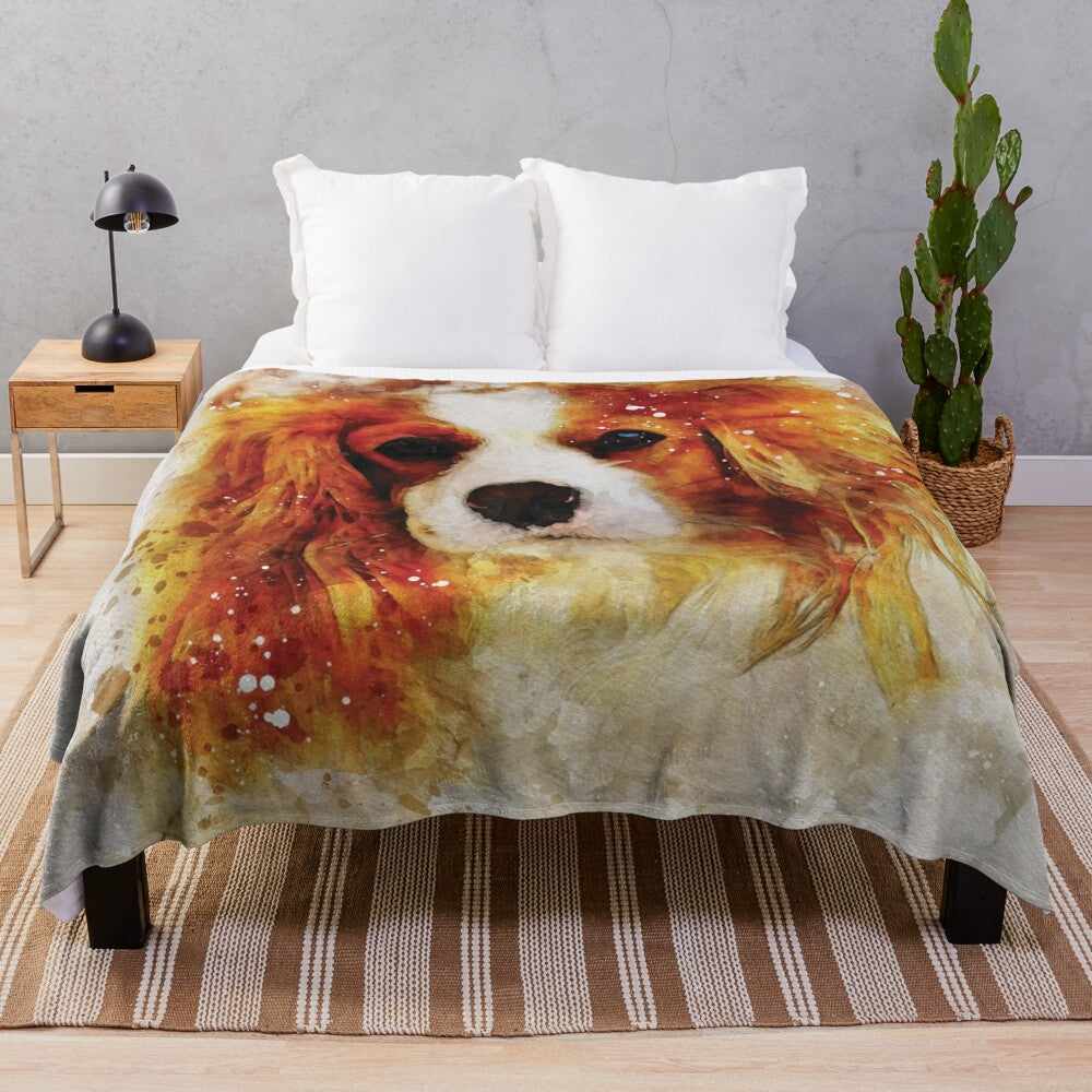 Watercolor portrait of a Cavalier King Charles Spaniel dog on a plush blanket