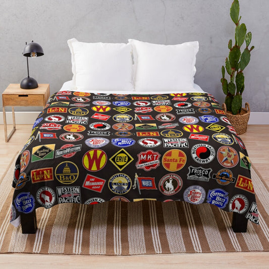 Vintage-inspired plush blanket featuring defunct railroad and railway logos