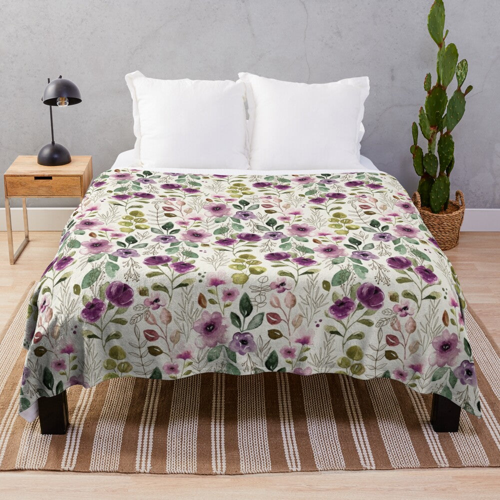 Boho floral plush blanket with watercolor flower design