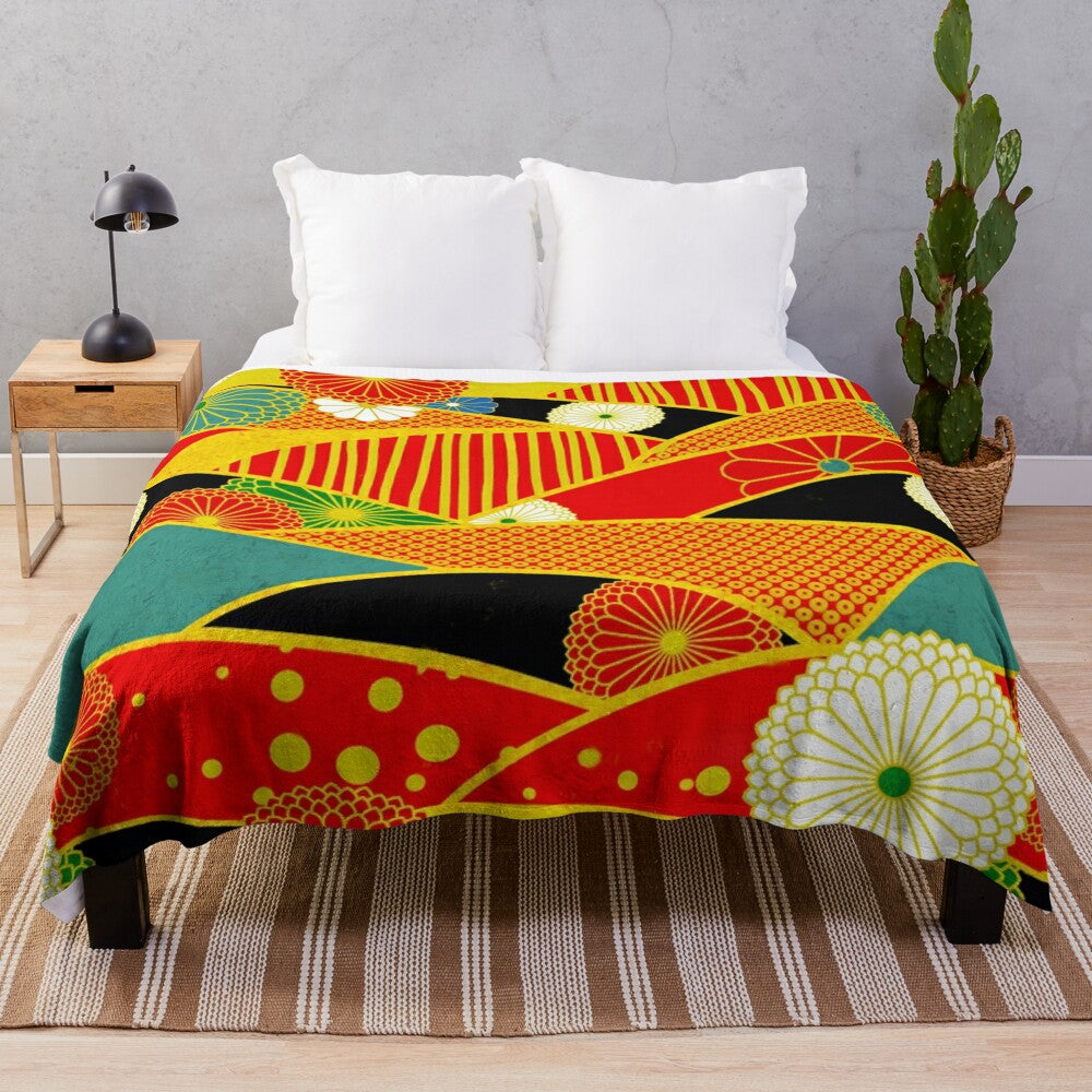 Colorful abstract plush blanket with a surreal, fantasy landscape design