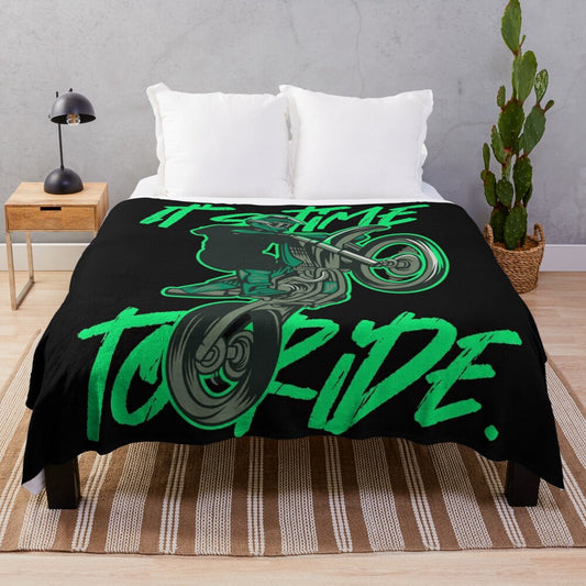 Motocross-Inspired Plush Blanket with Watercolor Motorcycle Design