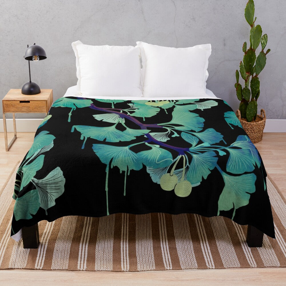 Ginkgo tree floral plush blanket in a surreal, watercolor style