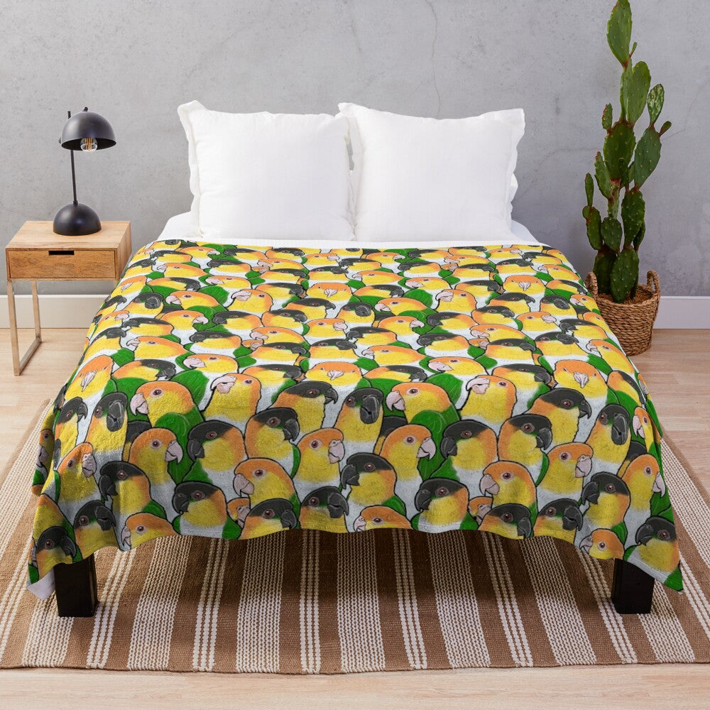 Soft and cuddly plush blanket featuring a cute caique parrot design