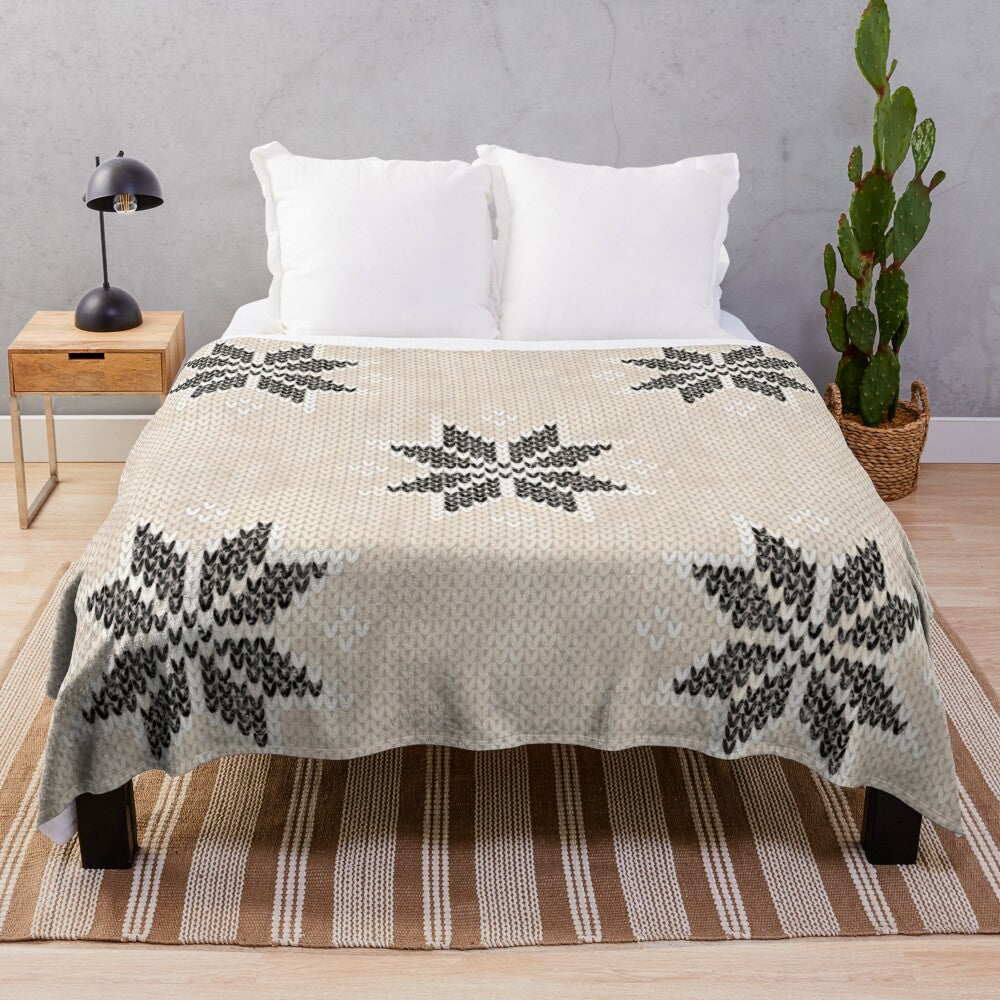 Cozy boho nordic knitted snowflake pattern plush blanket in neutral and black colors