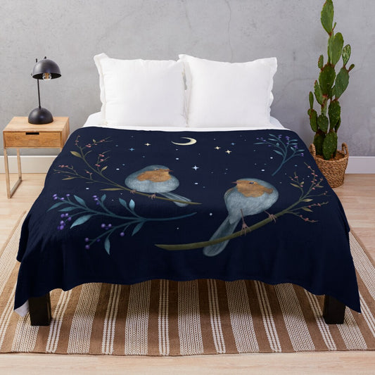 Plush blanket featuring birds, berries, and a mystical moonlit forest design