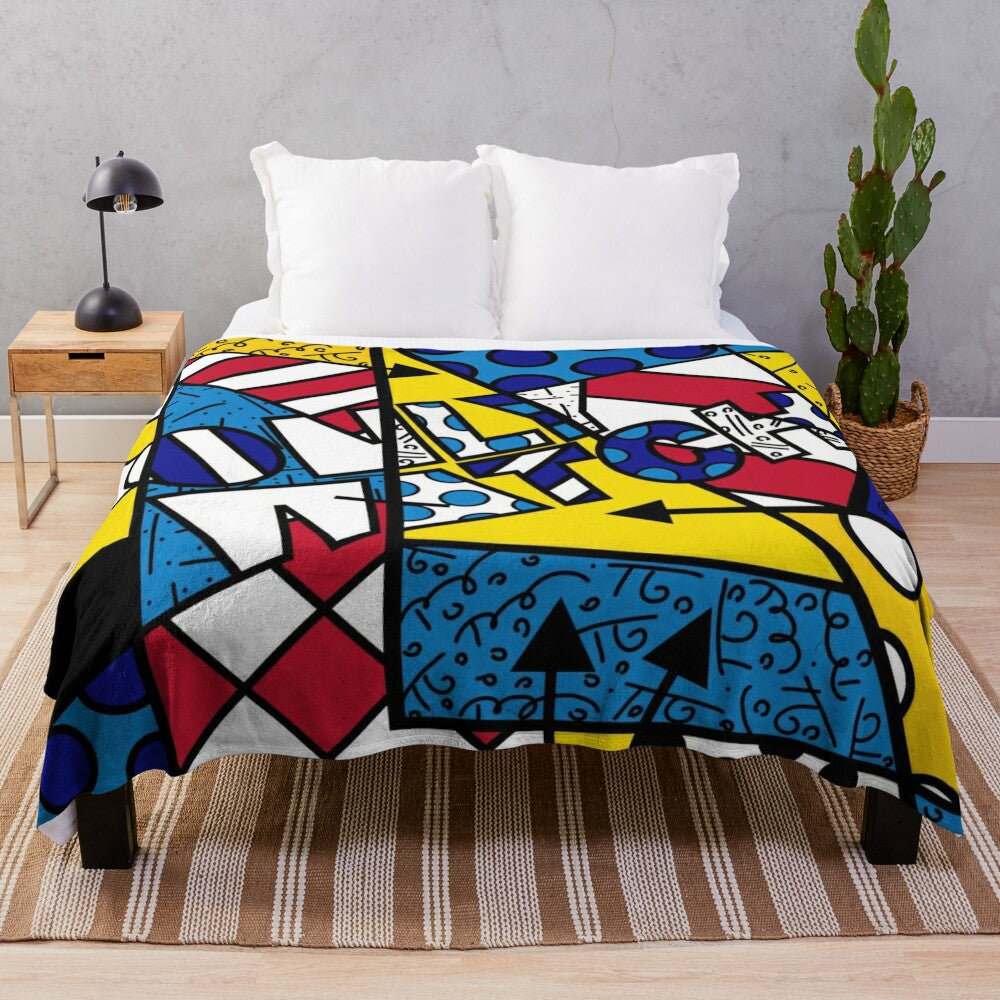 Colorful Romero Britto style plush blanket