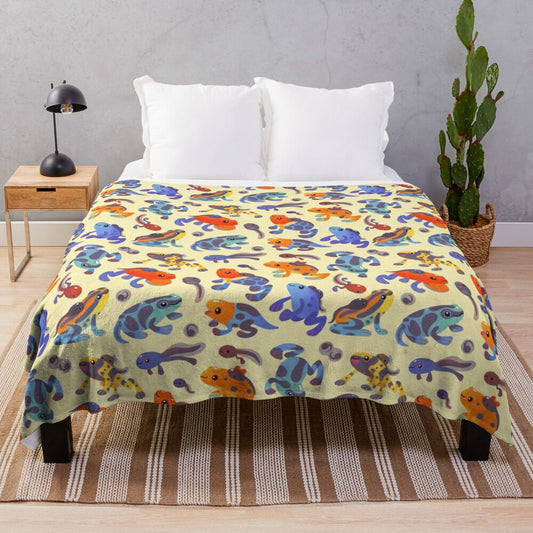 Plush blanket featuring a colorful poison dart frog design