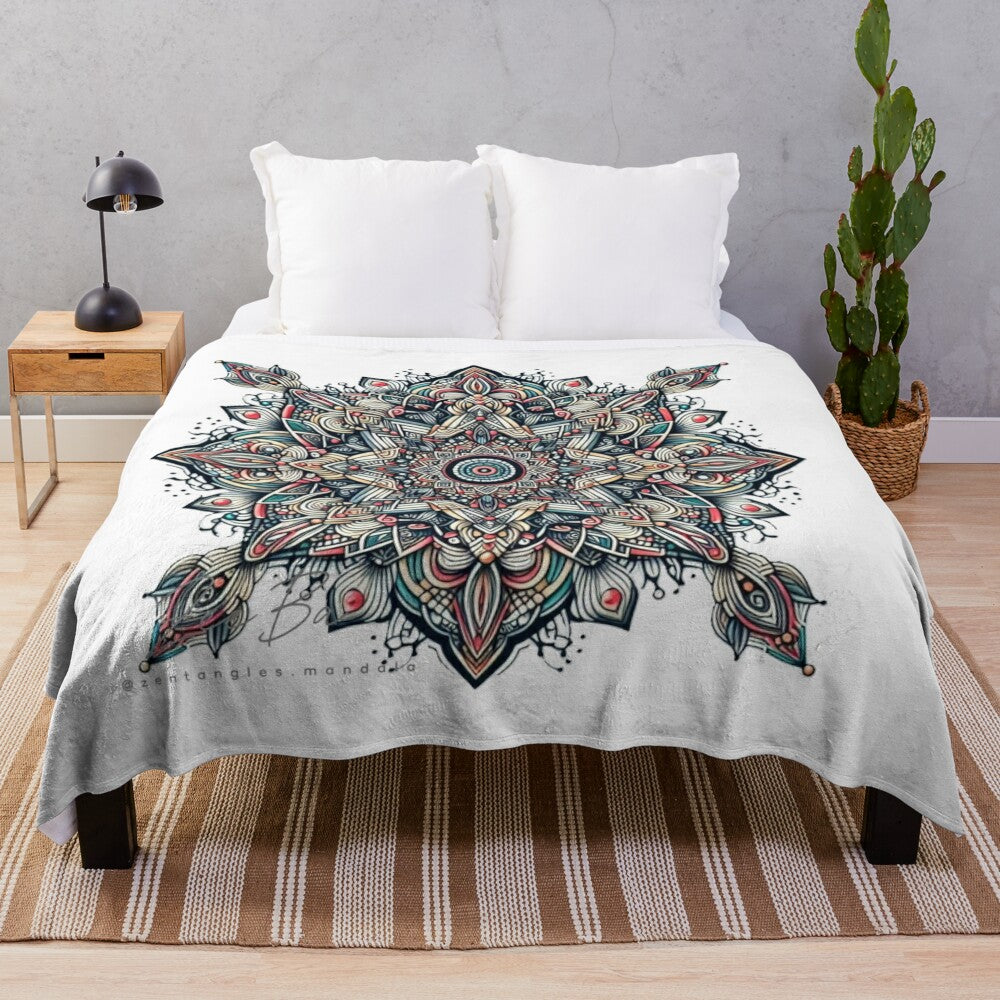 Zen Mandala Plush Blanket featuring an oceanic black and white illustration