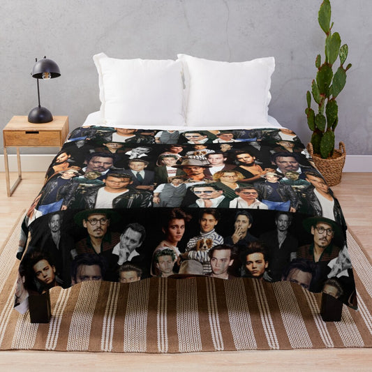 Collage of Johnny Depp in various movie roles on a plush blanket