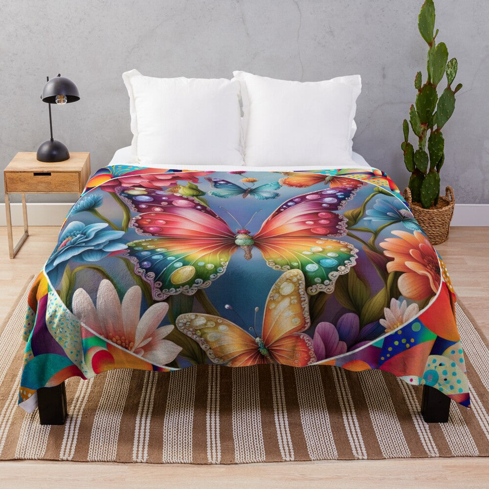 Colorful boho-style plush blanket with butterflies and floral patterns