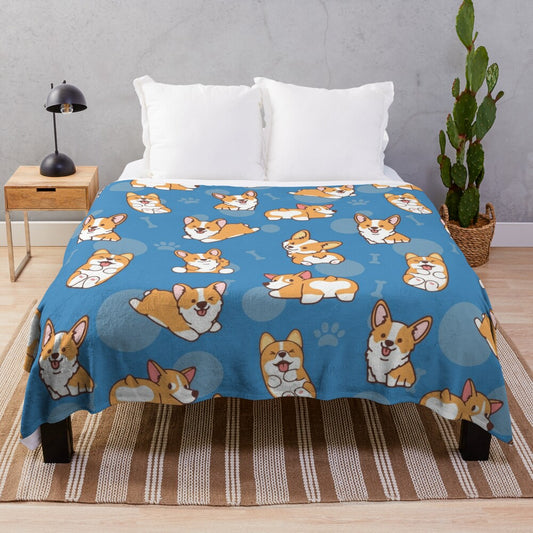 Soft and cozy plush blanket featuring an adorable corgi puppy in a floral design