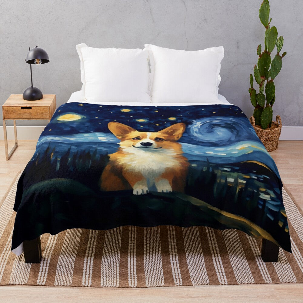 A Corgi Starry Night Plush Blanket featuring a cute corgi in a starry night design