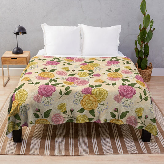 Vibrant floral pattern plush blanket with lovely roses design