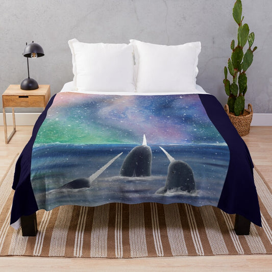 Soft and plush narwhal-themed blanket with galaxy and ocean design