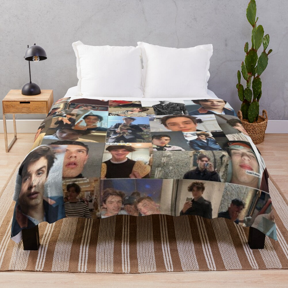 Collage-inspired plush blanket featuring Louis Partridge from the Netflix movie Enola Holmes