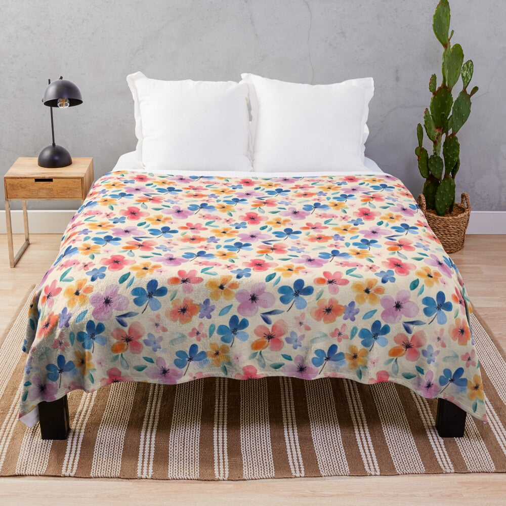 Colorful flowers plush blanket with watercolor-style floral pattern