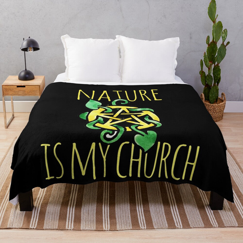 Plush blanket featuring nature-inspired designs and pagan symbols