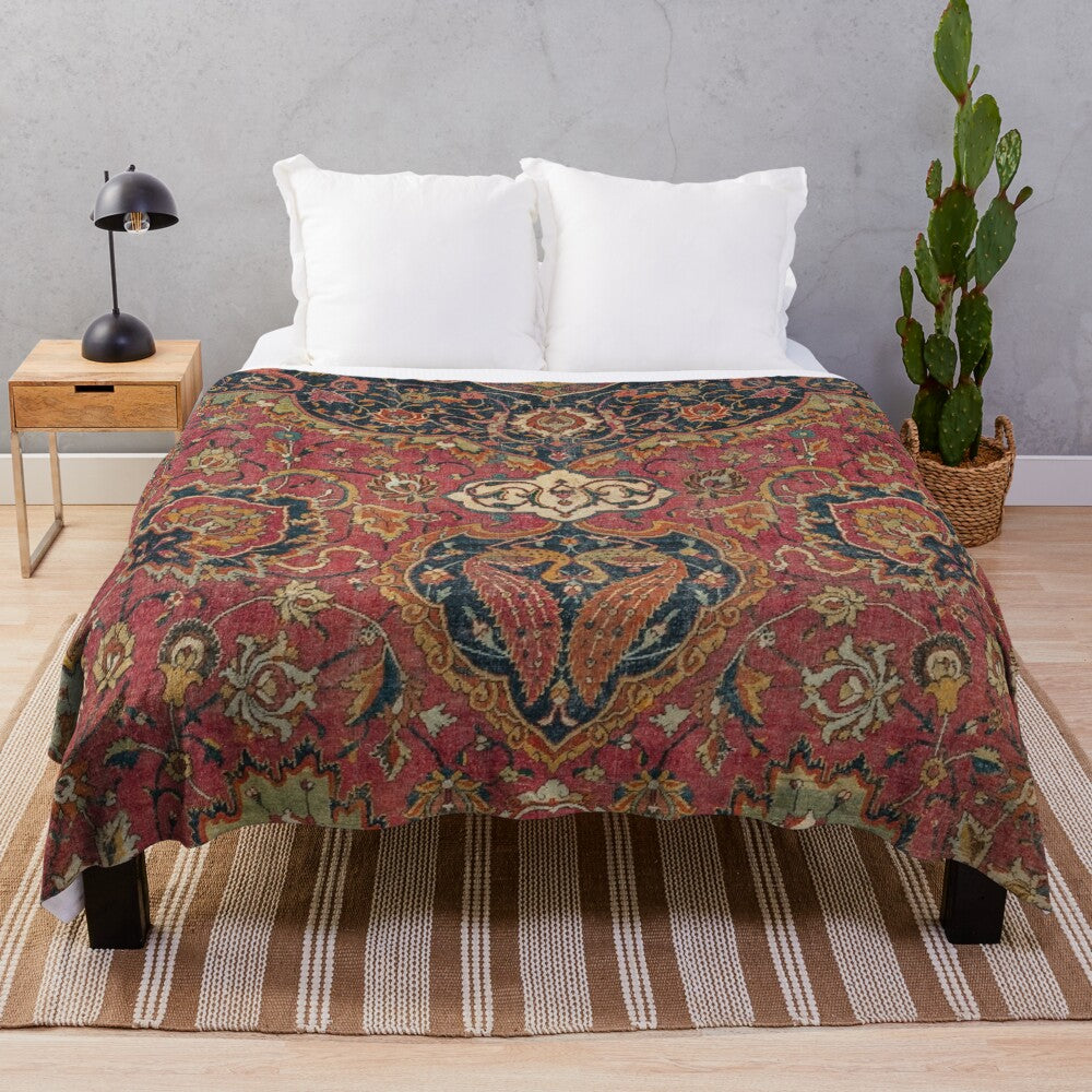 Colorful distressed plush blanket with 16th century inspired Persian medallion pattern