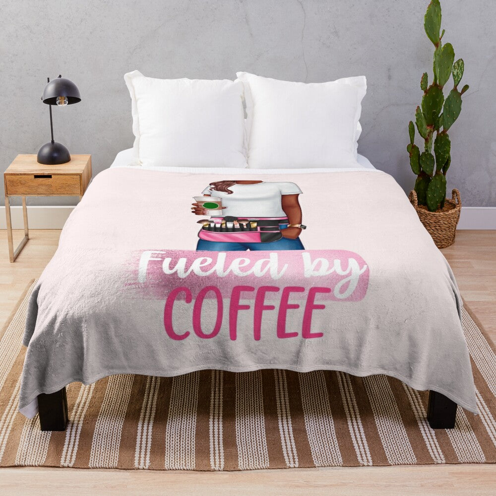 Plush blanket with "Fueled by Coffee" design for makeup artists and estheticians