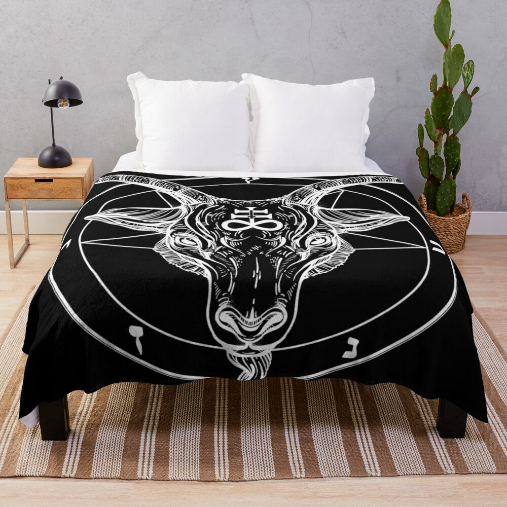 Plush blanket featuring the occult symbol of the Baphomet goat head and pentagram