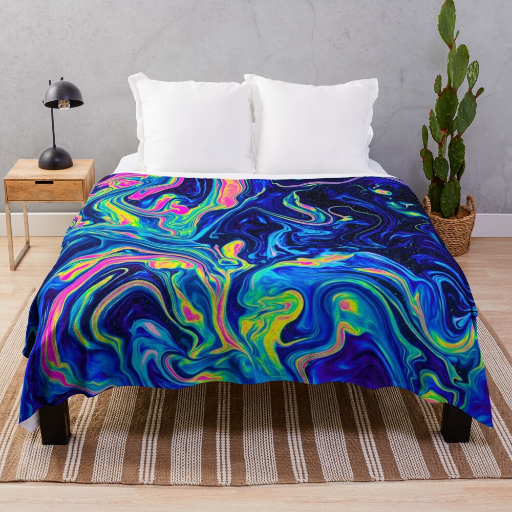 Psychedelic plush blanket with abstract, fluid patterns in vibrant colors