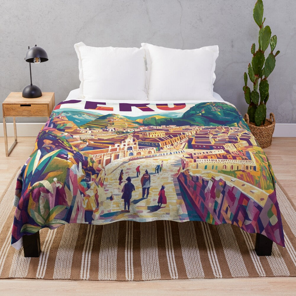 Vibrant Peruvian art plush blanket featuring colorful traditional patterns and designs