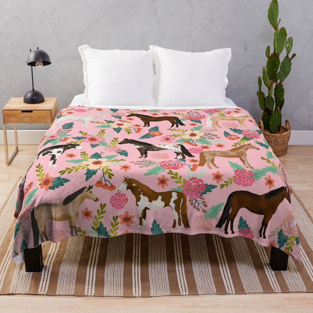 Soft and warm plush blanket featuring a floral pattern with different horse breeds