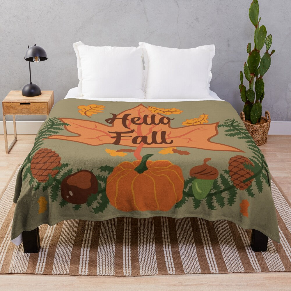 Olive plush blanket with fall leaf pattern design