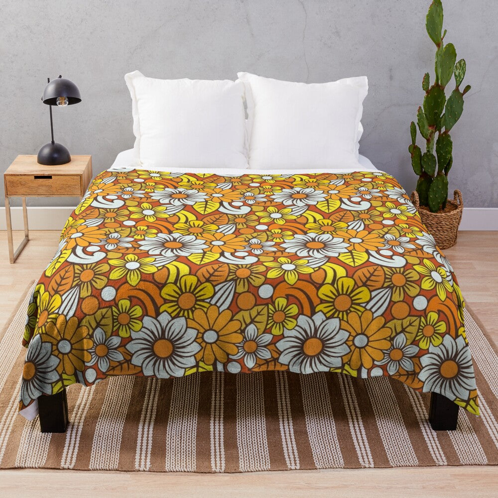 Retro 70s floral pattern plush blanket