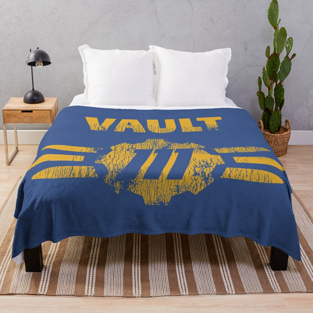 Fallout 111 plush blanket with worn vault logo design