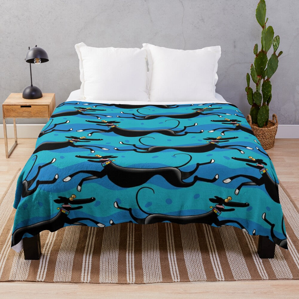 Blue plush blanket featuring a cartoon design of greyhounds, whippets, and lurchers