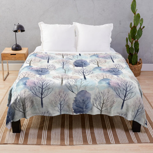 Watercolor winter trees pattern plush blanket